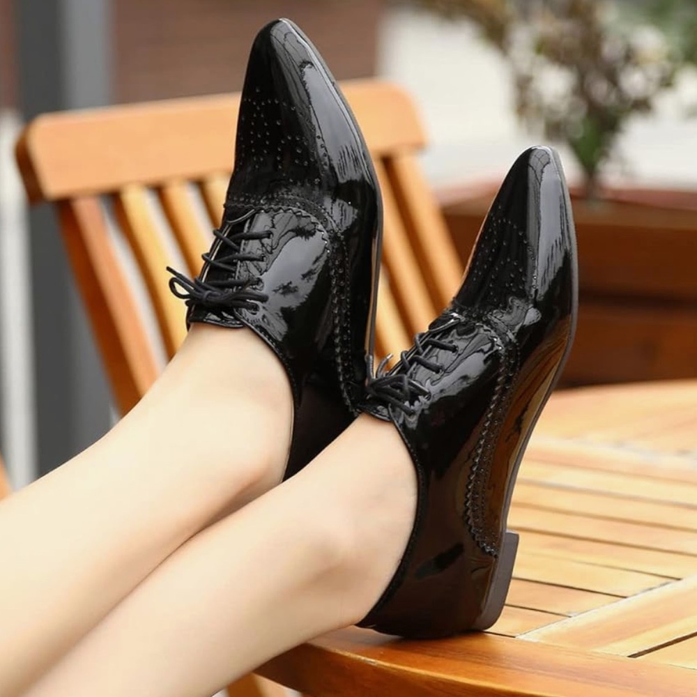NWOT Womens Patent Leather Pointed Toe Flat Oxford Wingtip Dress… - Picture 5 of 12
